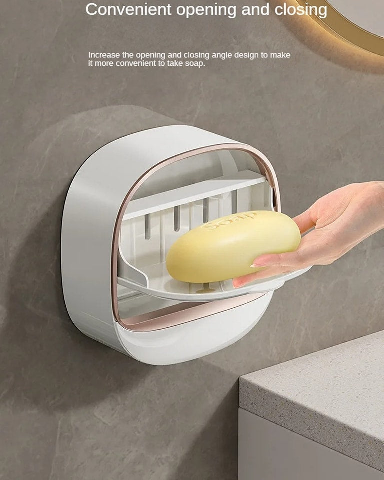 Wall Mounted Soap Holder with Lid and Tray(Comes with Free Self Adhesive Wall Hook)