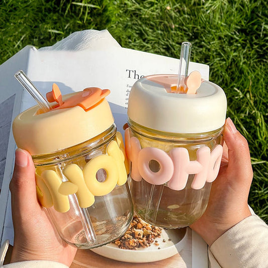 Sipper Bottle with Straw and Pearl String Handle