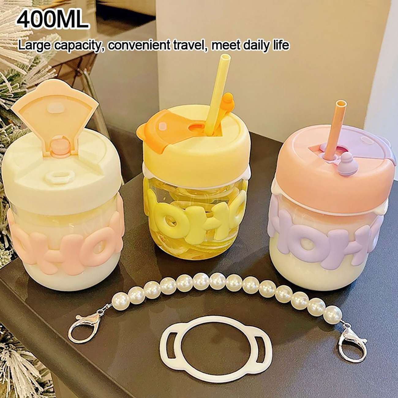 Sipper Bottle with Straw and Pearl String Handle